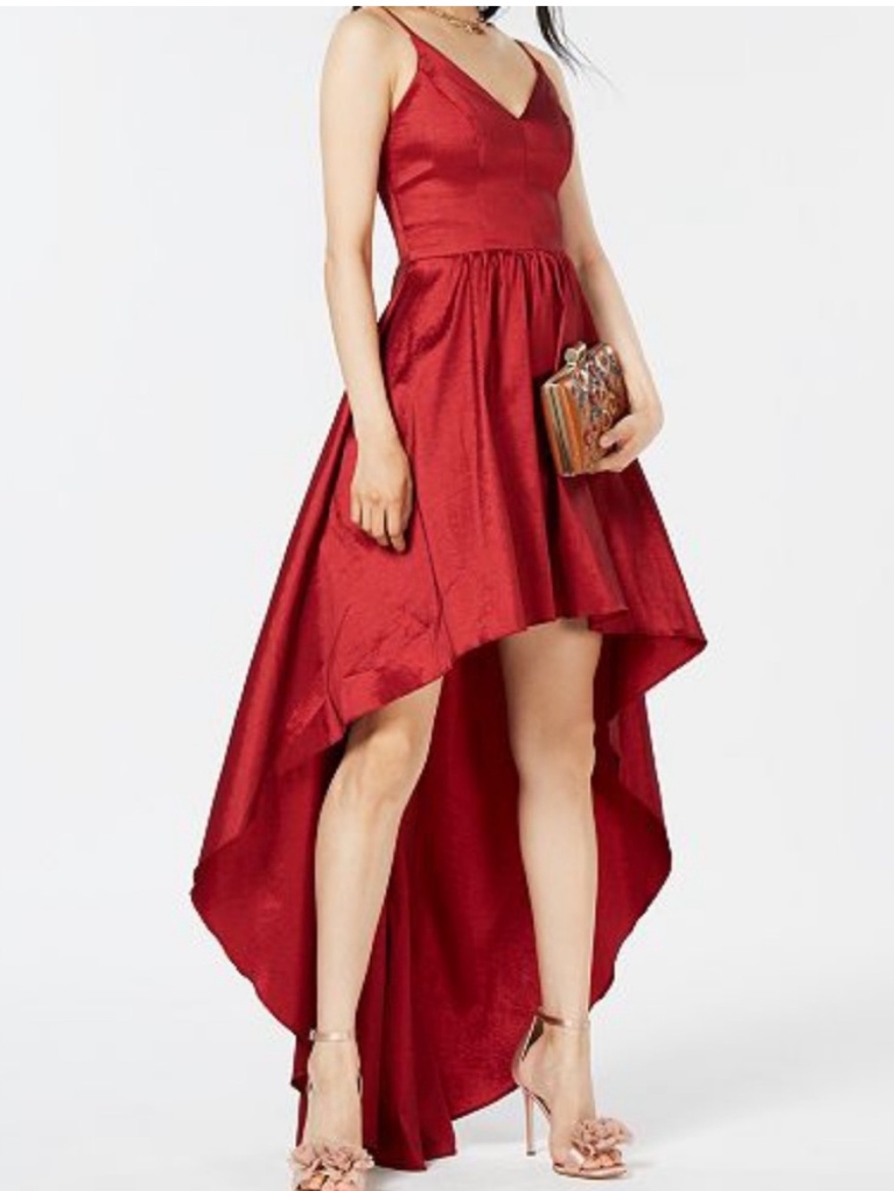 B Darlin Satin Red High-Low V-Neck Dress